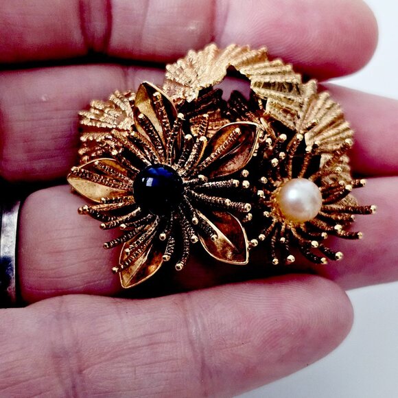 German Rolled Gold Lapis & Gold Vintage Brooch - Picture 6 of 9